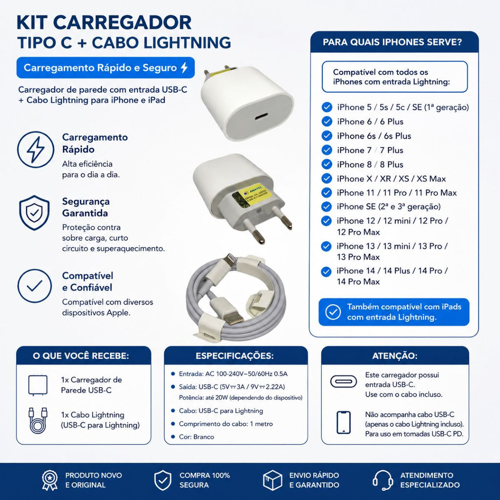 Carregador USB-C 20W Cabo Lightning Compatível Com iPhone