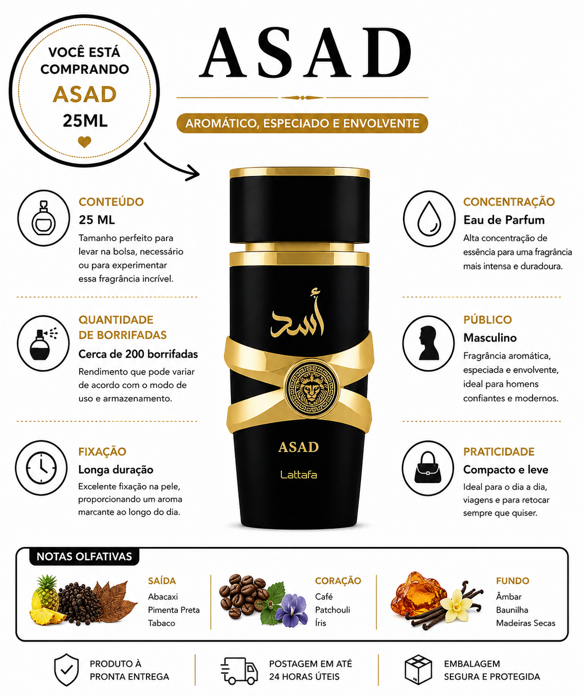 Mini Perfume Asad 25 Ml Alta Fixação Fragrância Intensa