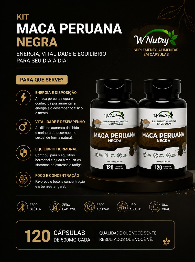 2 Suplementos Maca Peruana Negra Fórmula Premium Alta Potência 2x120 Caps