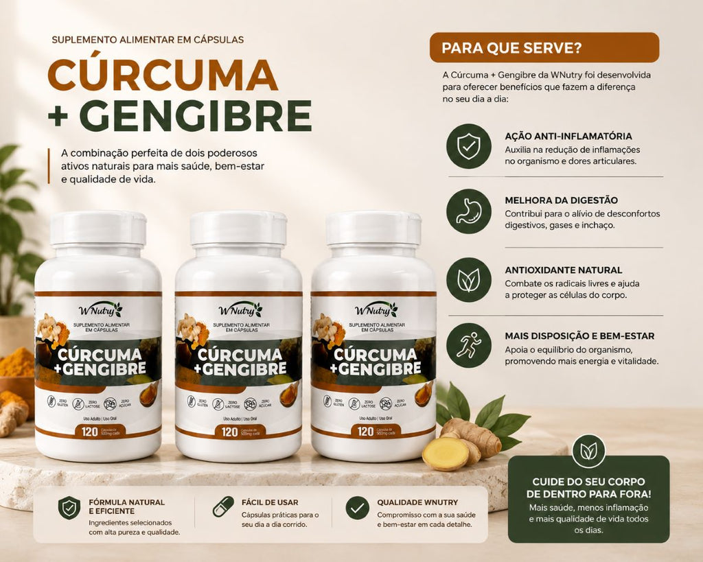Kit 3 Suplementos Cúrcuma + Gengibre Wnutry 120 Caps Poder Natural
