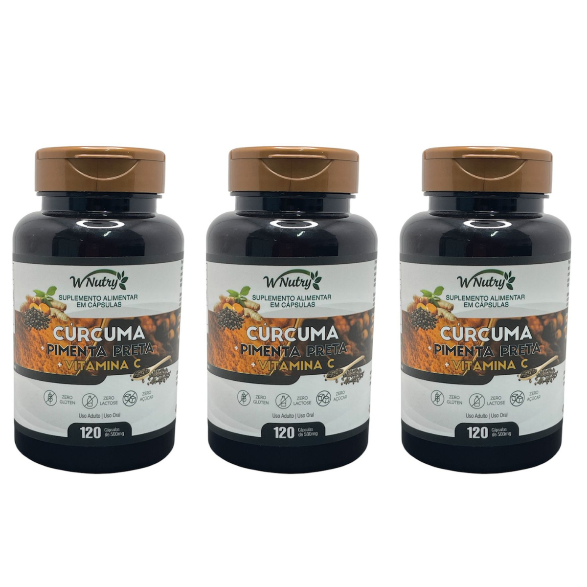 3 Suplementos Cúrcuma + Pimenta Preta + Vitamina C 3x120 Caps