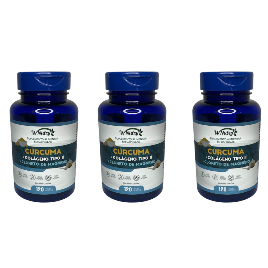 Kit 3 Suplementos Cúrcuma Colágeno Tipo-2 Magnésio 120 Caps