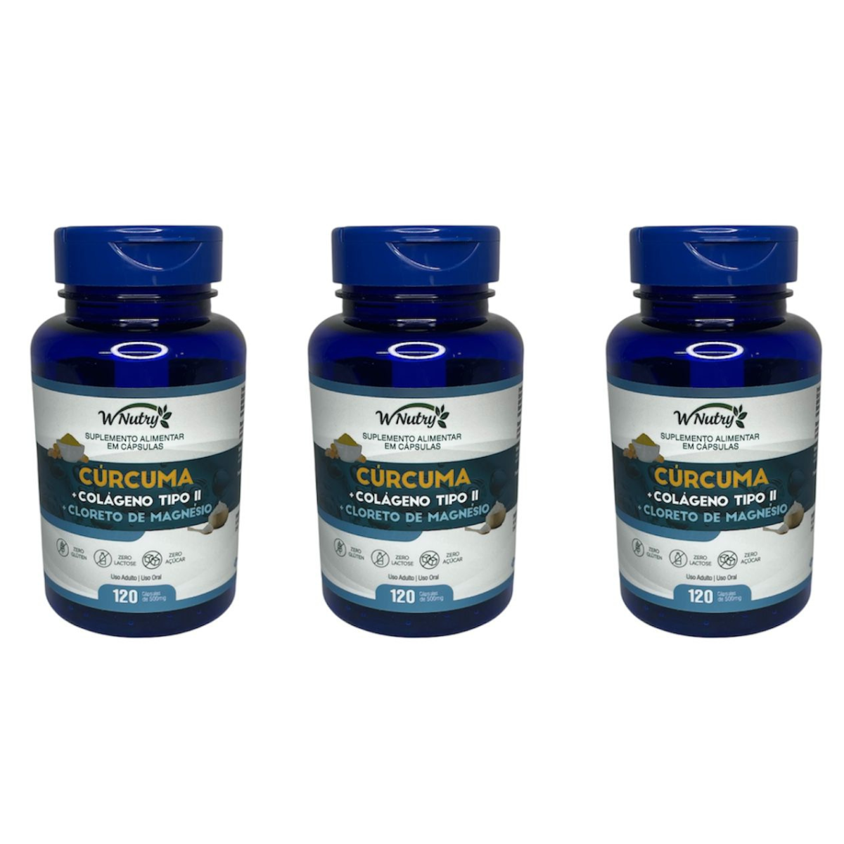 Kit 3 Suplementos Cúrcuma Colágeno Tipo-2 Magnésio 120 Caps