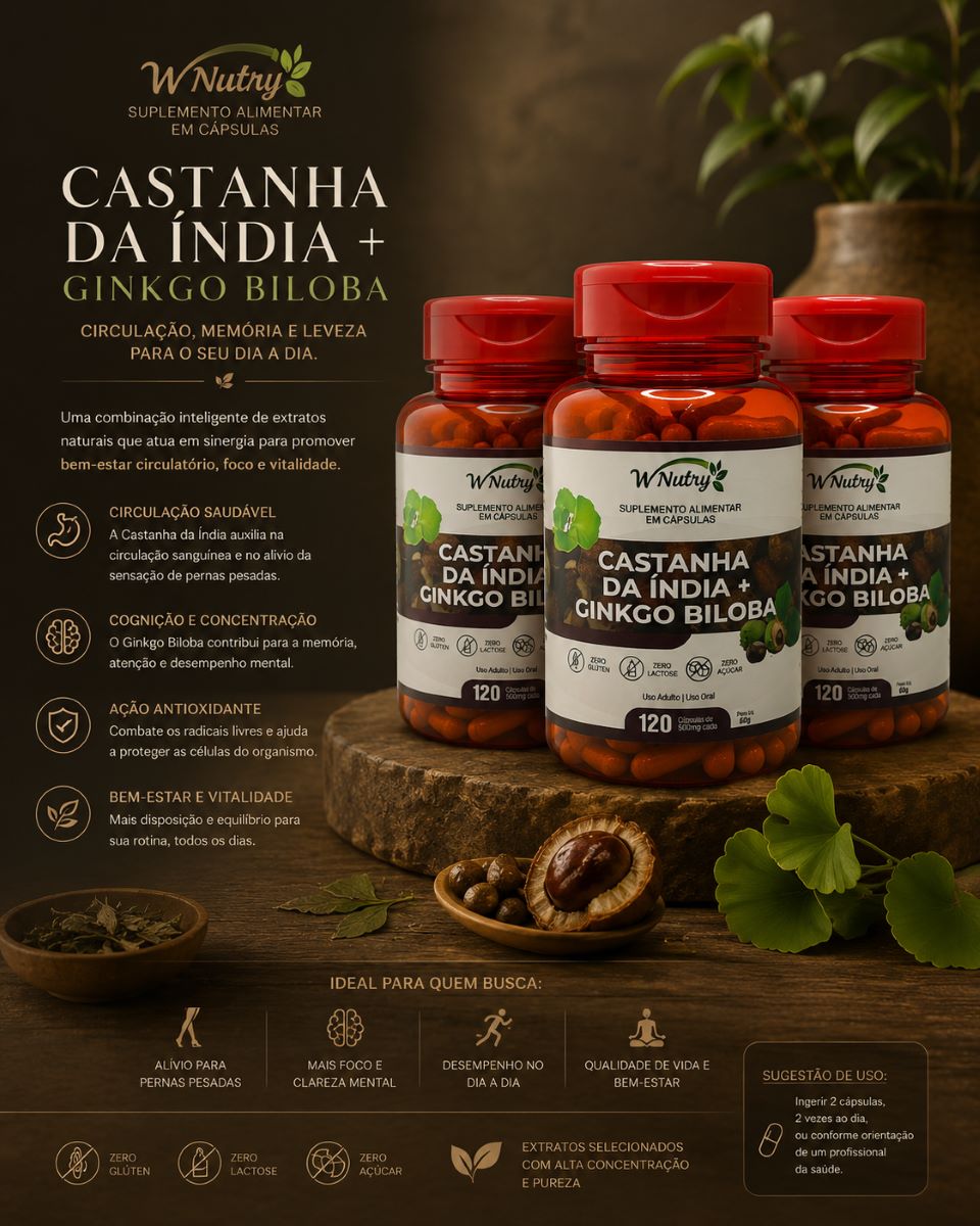 Kit 3 Castanhas Da Índia + Ginkgo Biloba Circulação Power Suplemento
