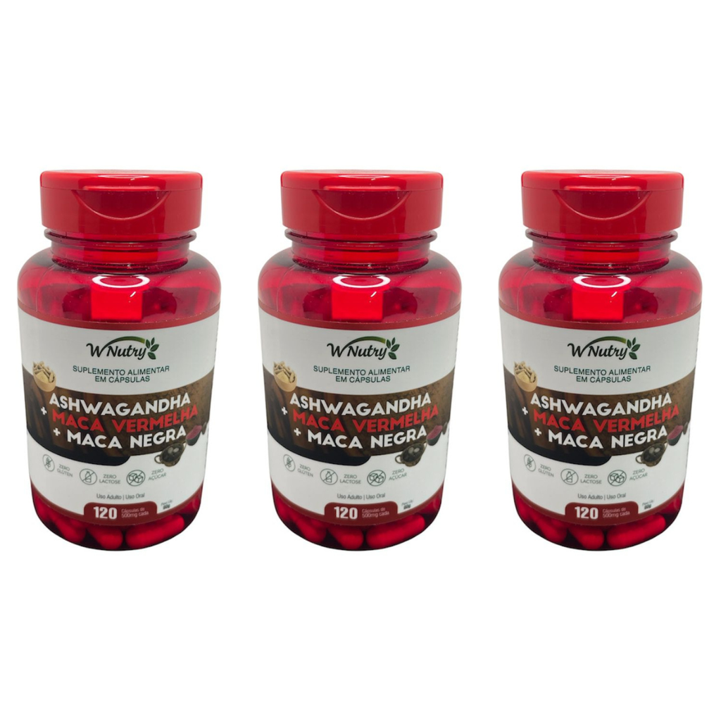 Kit 3 Suplementos Ashwagandha + Maca Negra E Vermelha Mais Energia