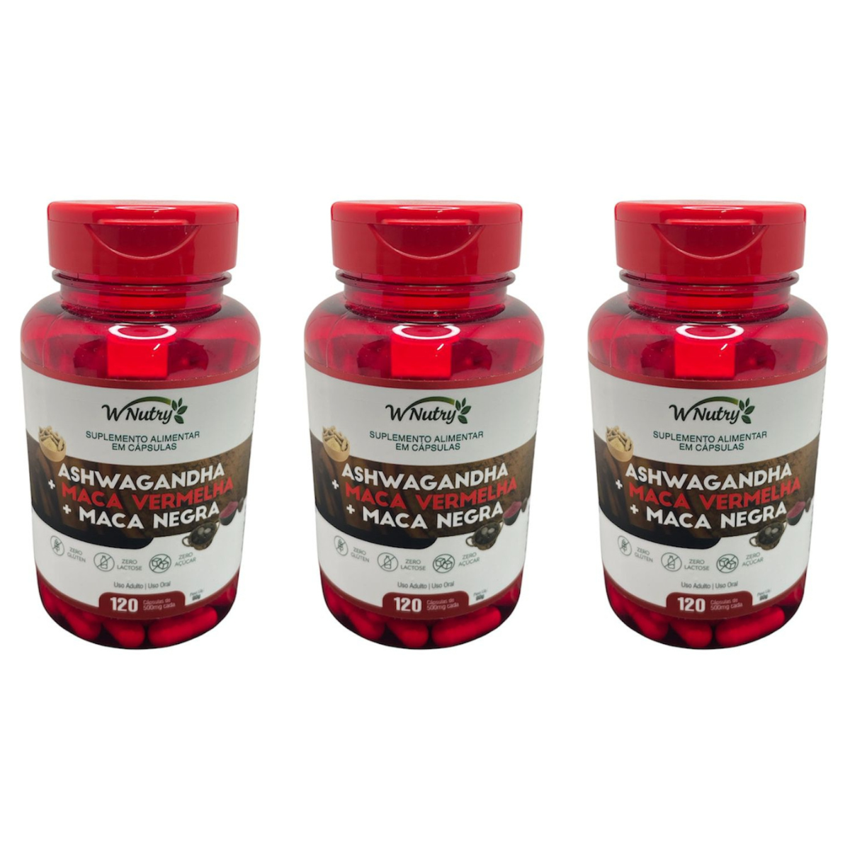 Kit 3 Suplementos Ashwagandha + Maca Negra E Vermelha Mais Energia