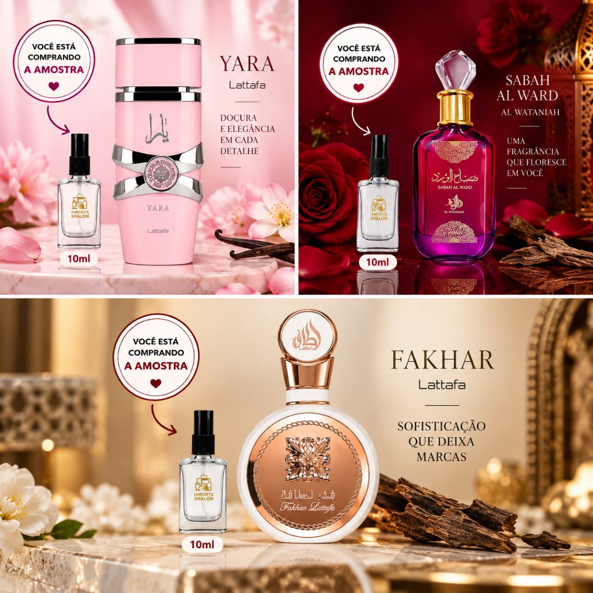 Kit 3 Mini Perfumes 10ml Yara Sabah Delilah Fakhar
