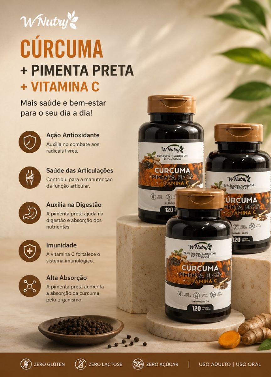 3 Suplementos Cúrcuma + Pimenta Preta + Vitamina C 3x120 Caps