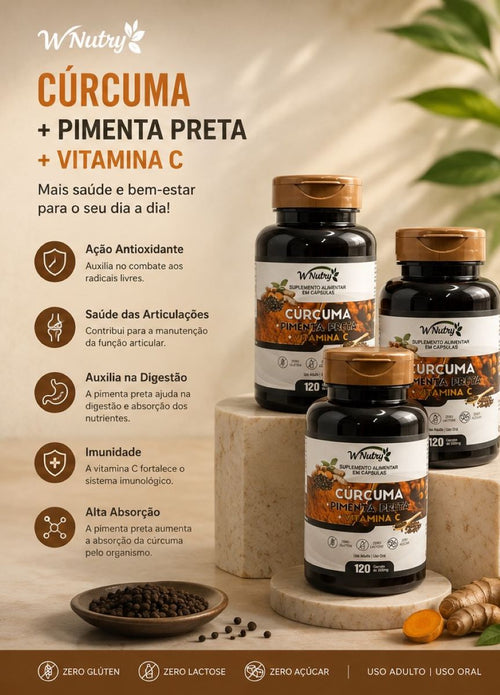 3 Suplementos Cúrcuma + Pimenta Preta + Vitamina C 3x120 Caps