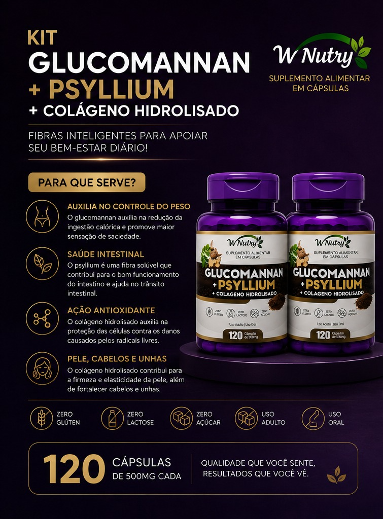 2 Suplementos Glucomannan + Psyllium + Colágeno Hidrolisado Premium
