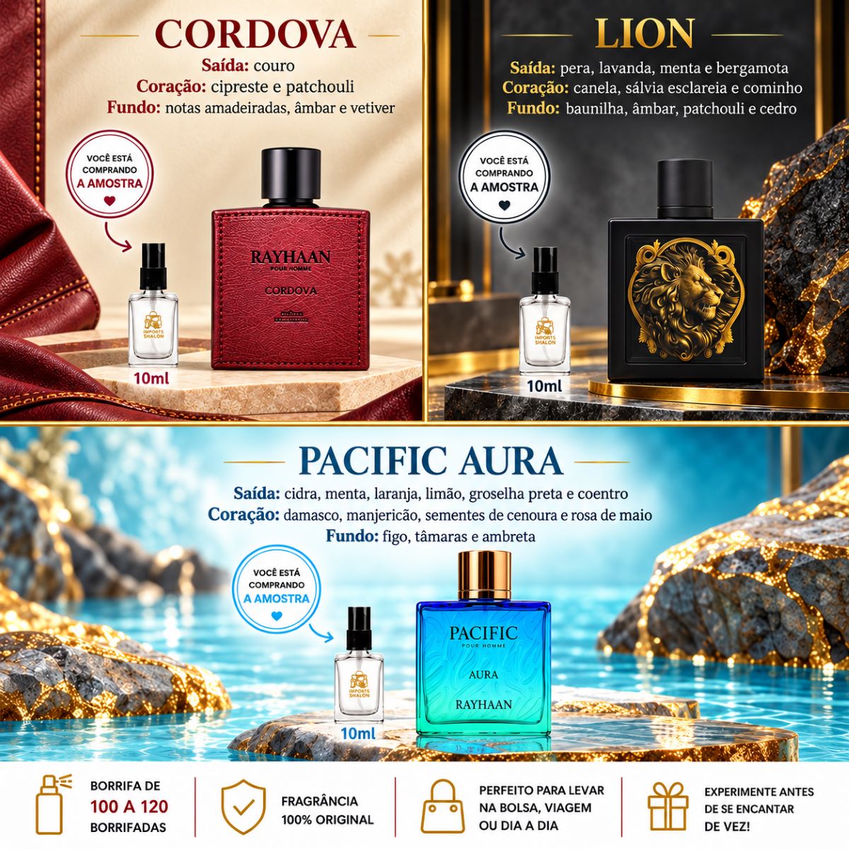 Kit 3 Mini Perfumes 10ml Cordova Lion Pacific