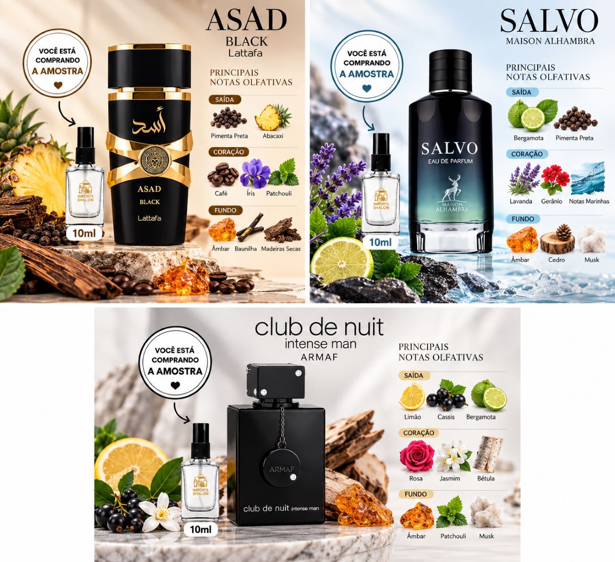 Kit Masculino 3 Mini Perfumes 10ml Asad Black Salvo Intense
