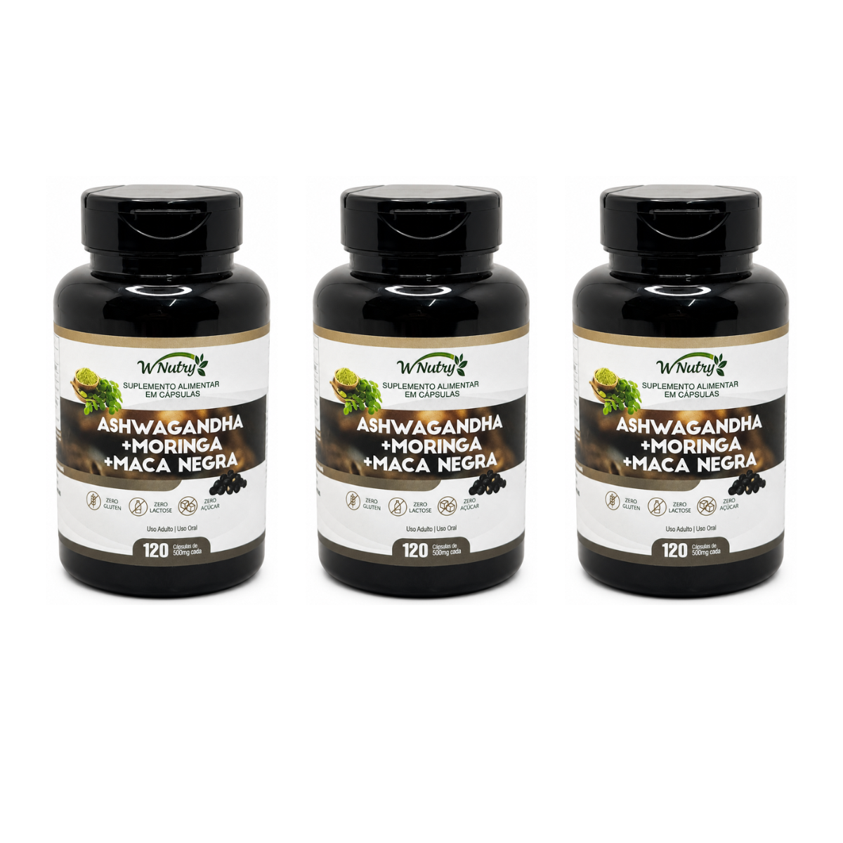 Kit De 3 Suplementos Ashwagandha + Moringa + Maca Negra 3x120Caps Wnutry