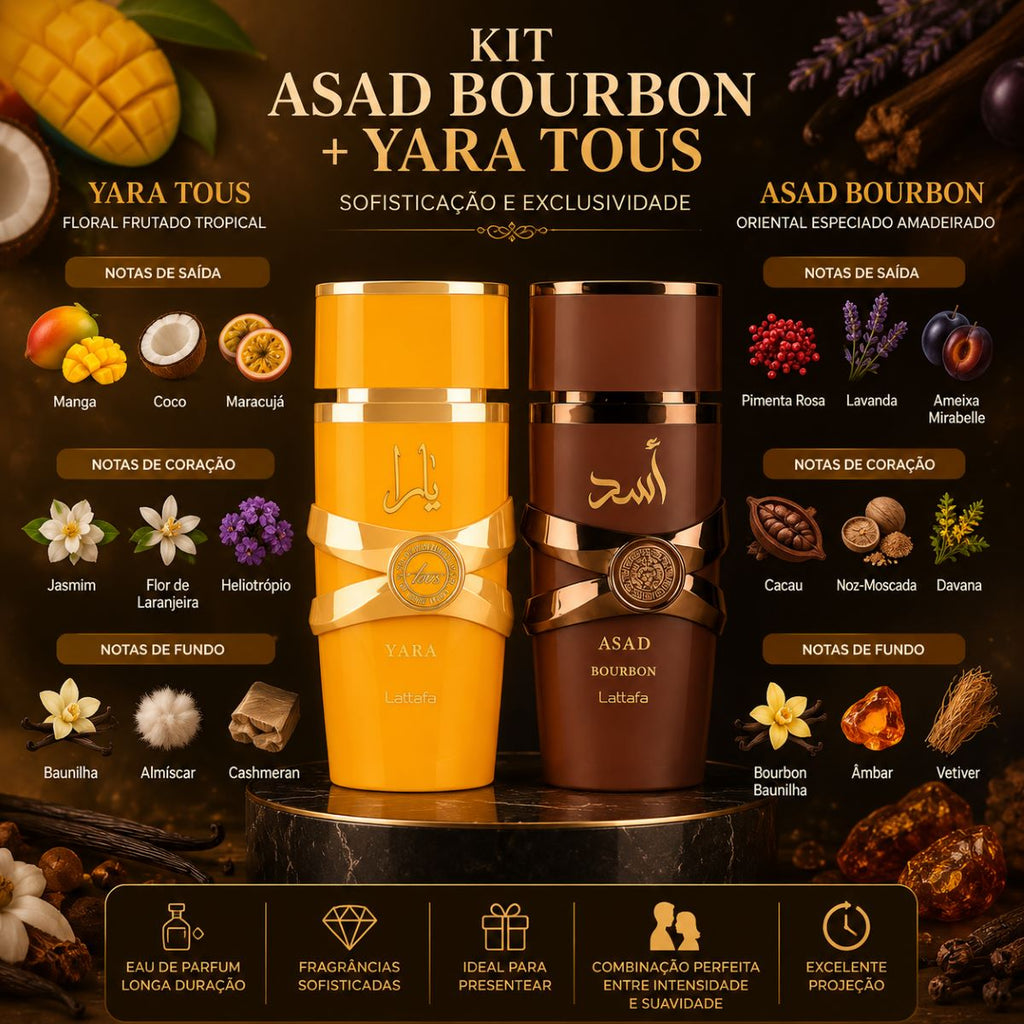 Kit Asad Bourbon + Yara Tous Perfumes Árabes Luxo Sofisticação