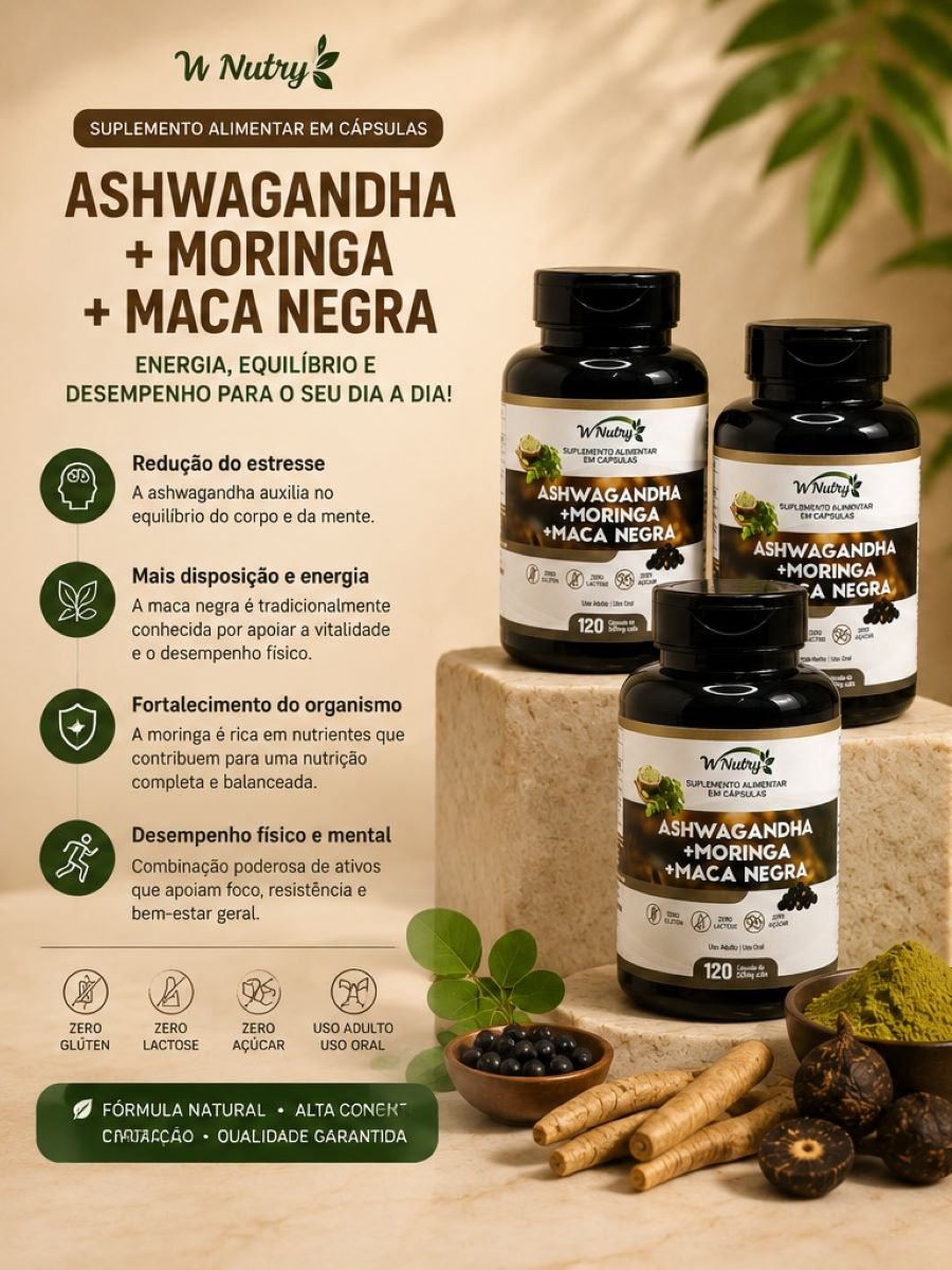Kit De 3 Suplementos Ashwagandha + Moringa + Maca Negra 3x120Caps Wnutry