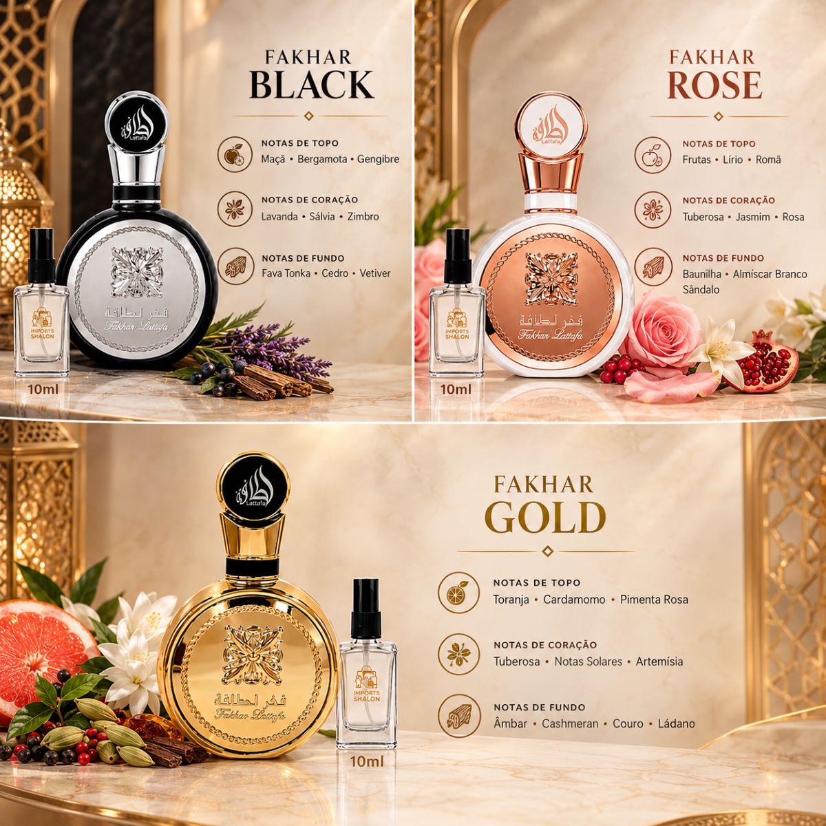 Kit 3 Mini Perfumes Fakhar 10ml Cada Fragrância Marcante