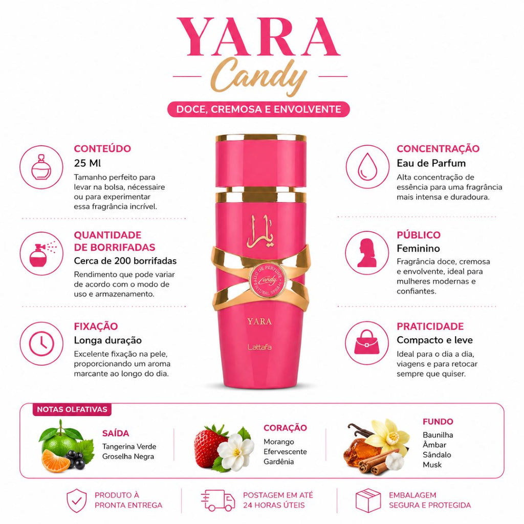 Yara Candy 25 Ml Perfume Spray Alta Fixação Fragrância Marcante
