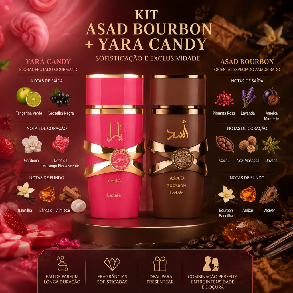 Kit Asad Bourbon + Yara Candy Perfumes Árabes Luxo Exclusivo