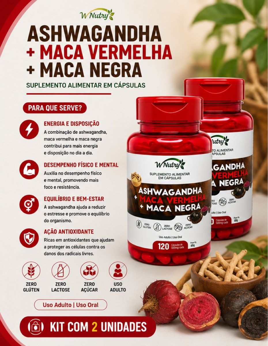2 Suplementos Ashwagandha + Maca Negra E Vermelha Energia Máxima