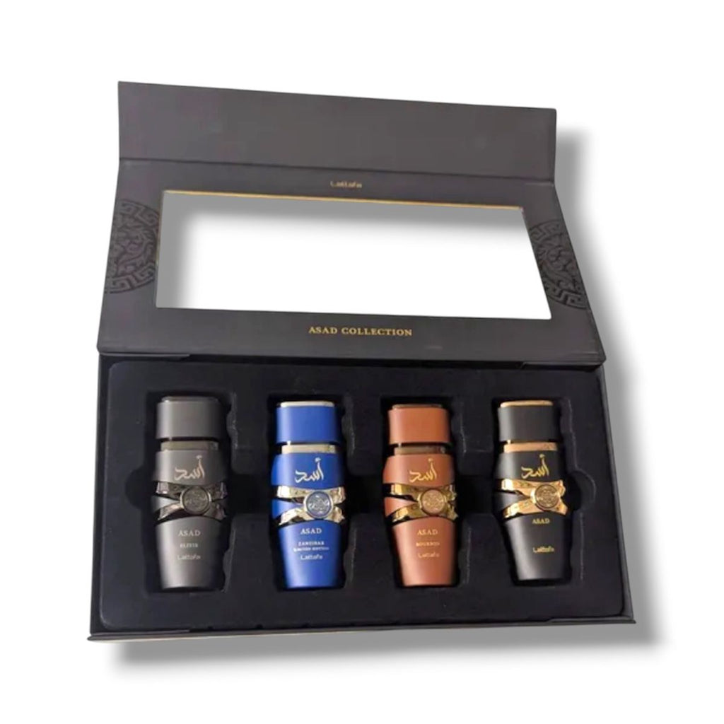 Kit Asad Collection 4 Perfumes 25ml Zanzibar Black Elixir Bourbon Intenso Luxo