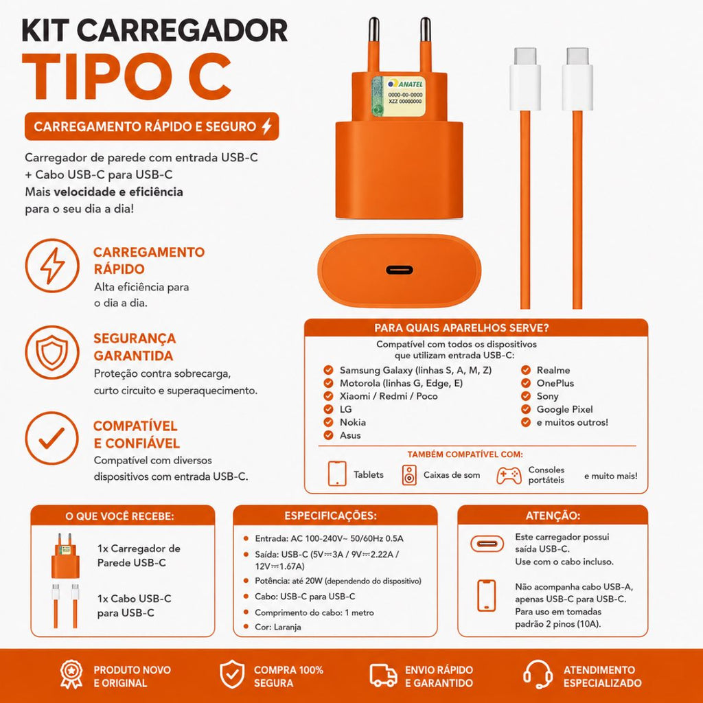 Carregador USB-C 40W Com Cabo USB-C Compatível Com iPhone 17