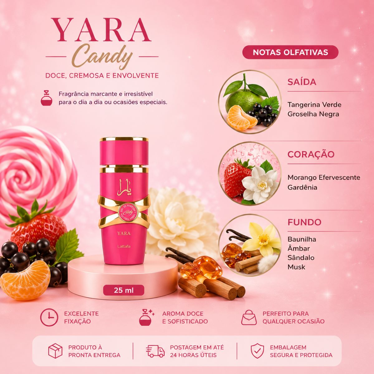 Yara Candy 25 Ml Perfume Spray Alta Fixação Fragrância Marcante