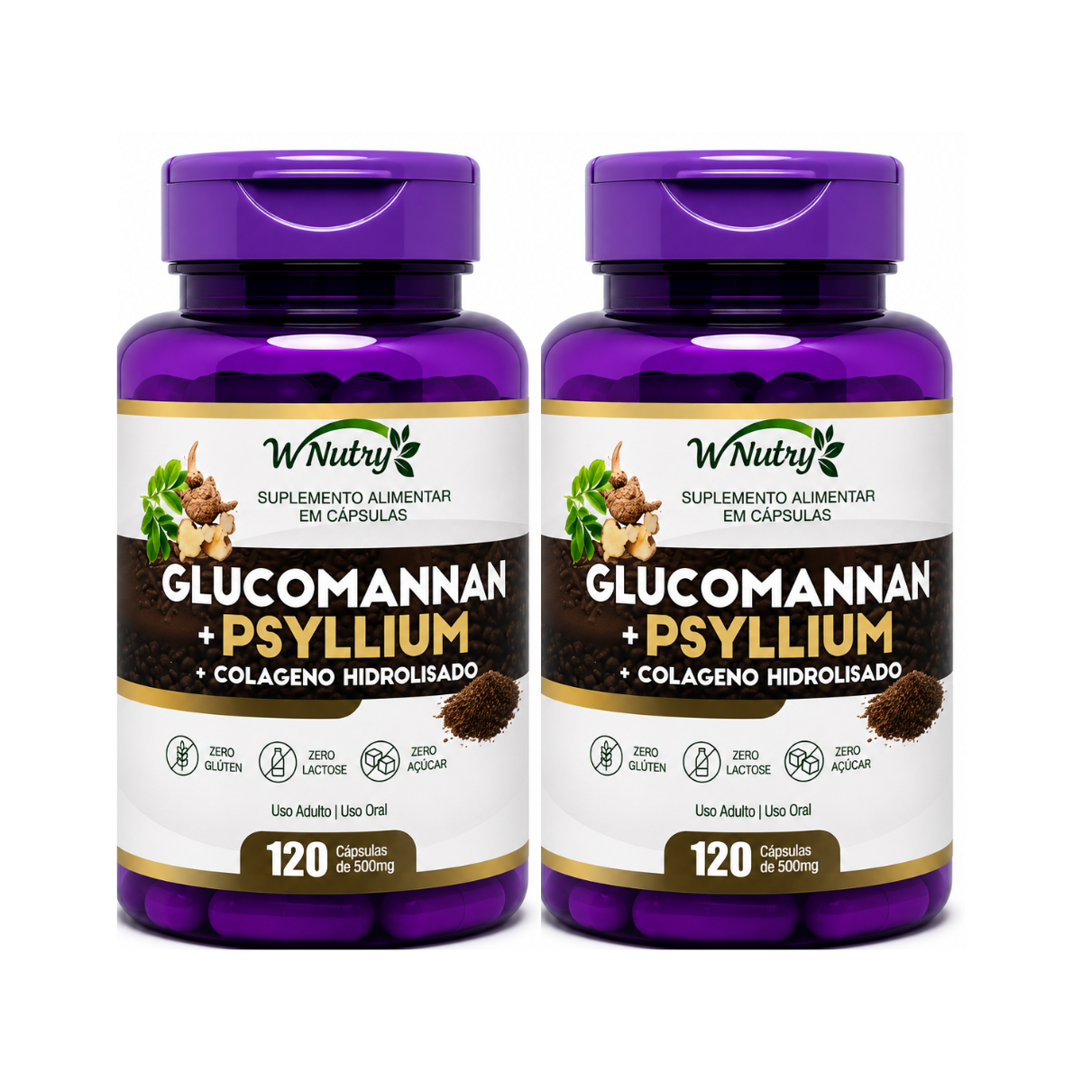 2 Suplementos Glucomannan + Psyllium + Colágeno Hidrolisado Premium