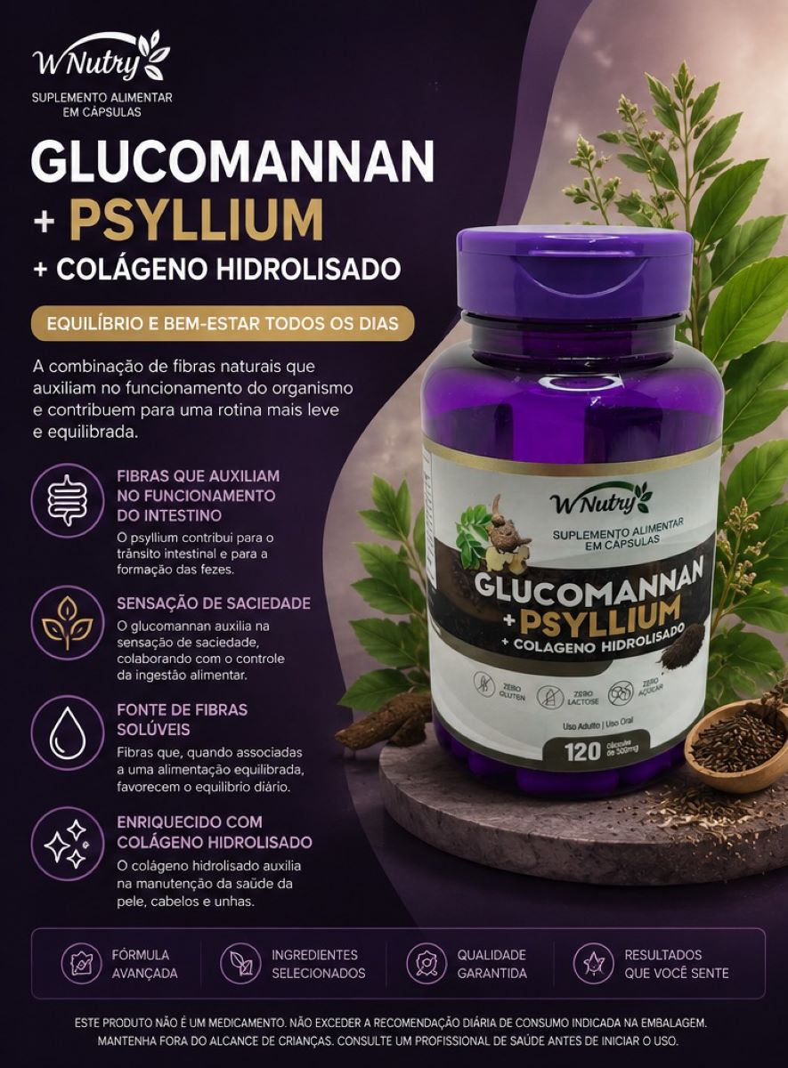 3 Suplementos Glucomannan + Psyllium + Colágeno Hidrolisado 120 Caps