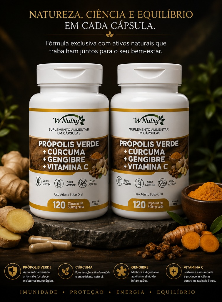 2 Suplementos Própolis Verde + Cúrcuma e Gengibre Vitamina