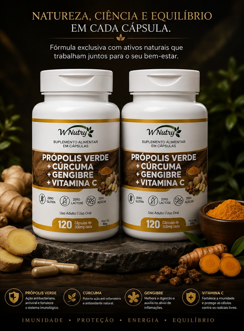 2 Suplementos Própolis Verde + Cúrcuma e Gengibre Vitamina