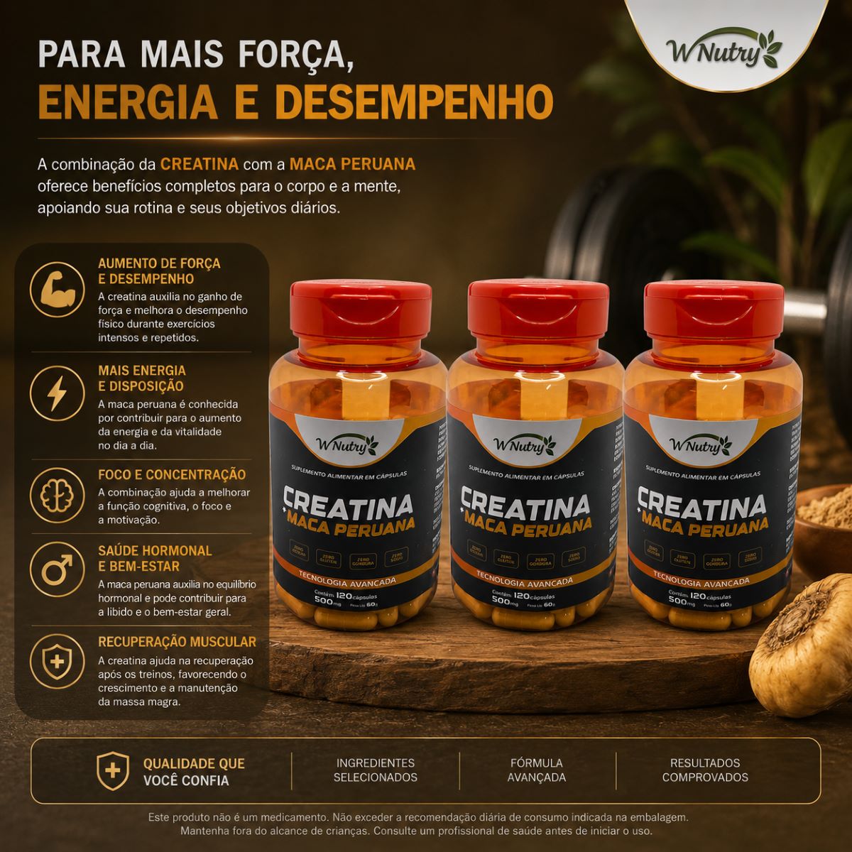 3 Suplementos Creatina + Maca Peruana Força Energia