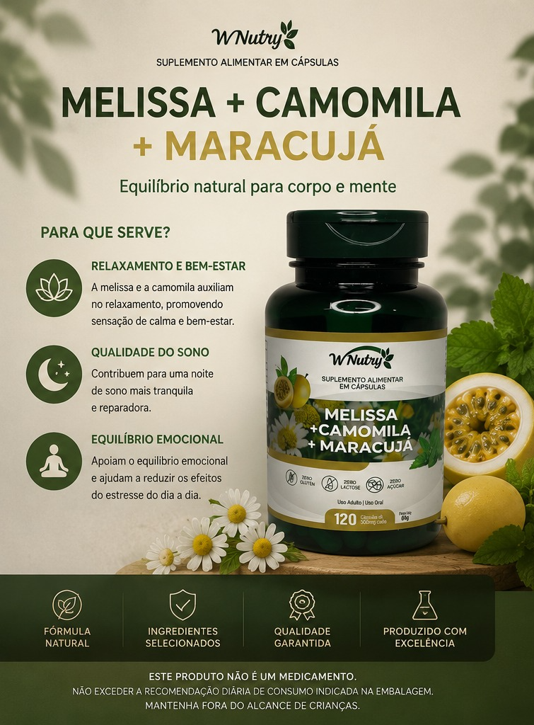 3 Suplementos Melissa Camomila Maracujá Relaxamento Natural