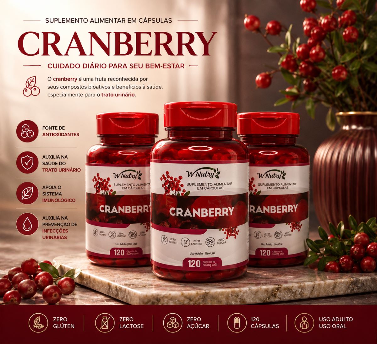 Kit 3 Suplementos Cranberry 3x120 Cáps Saúde Urinária