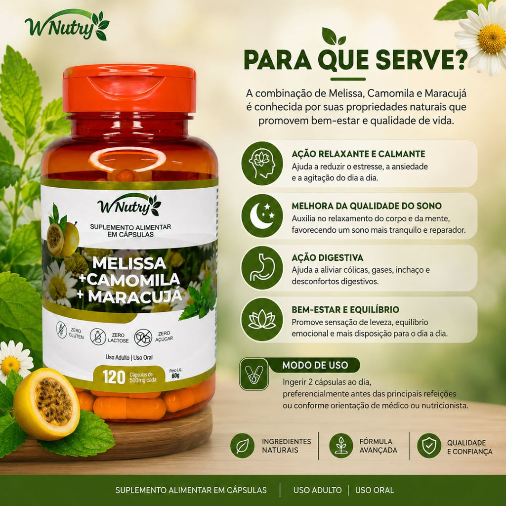 Suplemento Melissa Camomila Maracujá 120 Cápsulas Relaxamento Natural