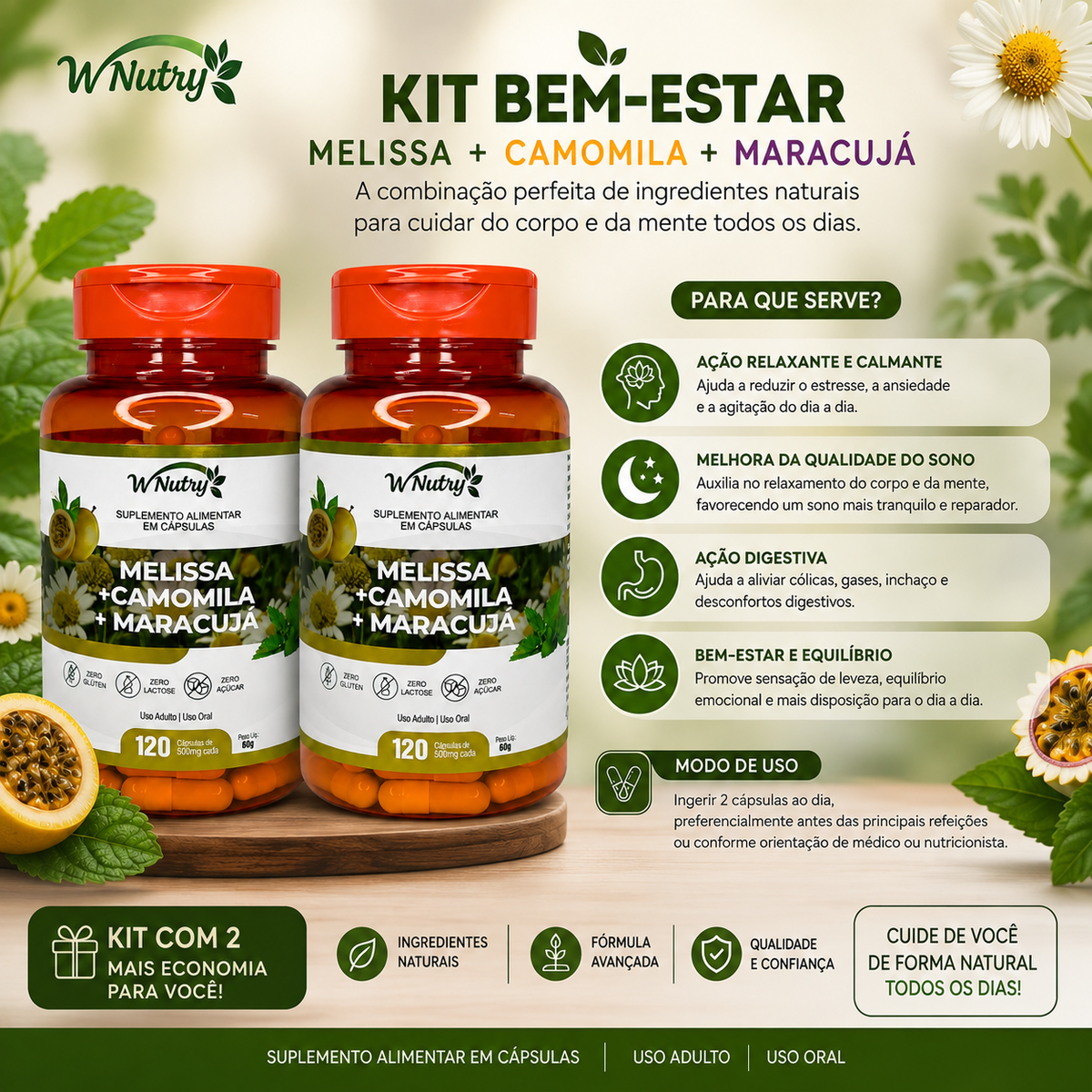2 Suplementos Melissa Camomila Maracujá Relaxamento Natural