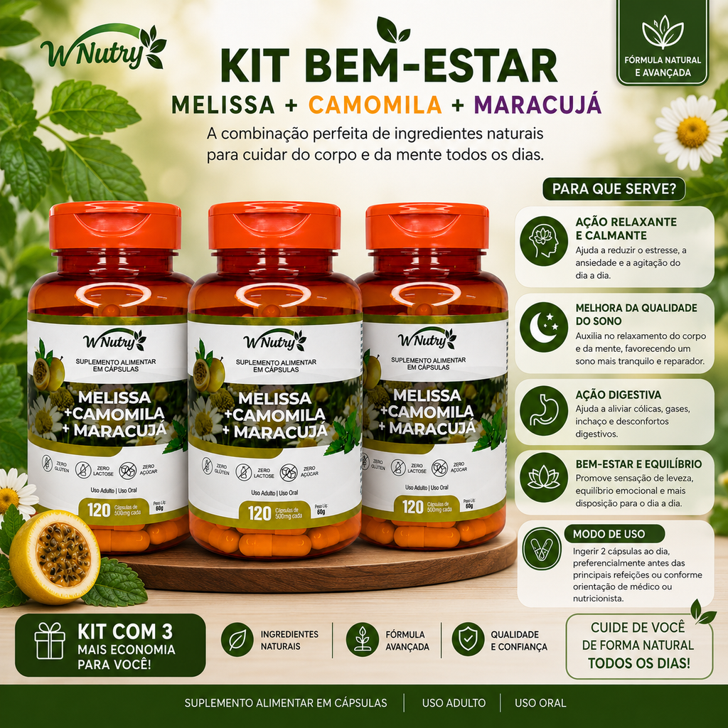 3 Suplementos Melissa Camomila Maracujá Relaxamento Natural