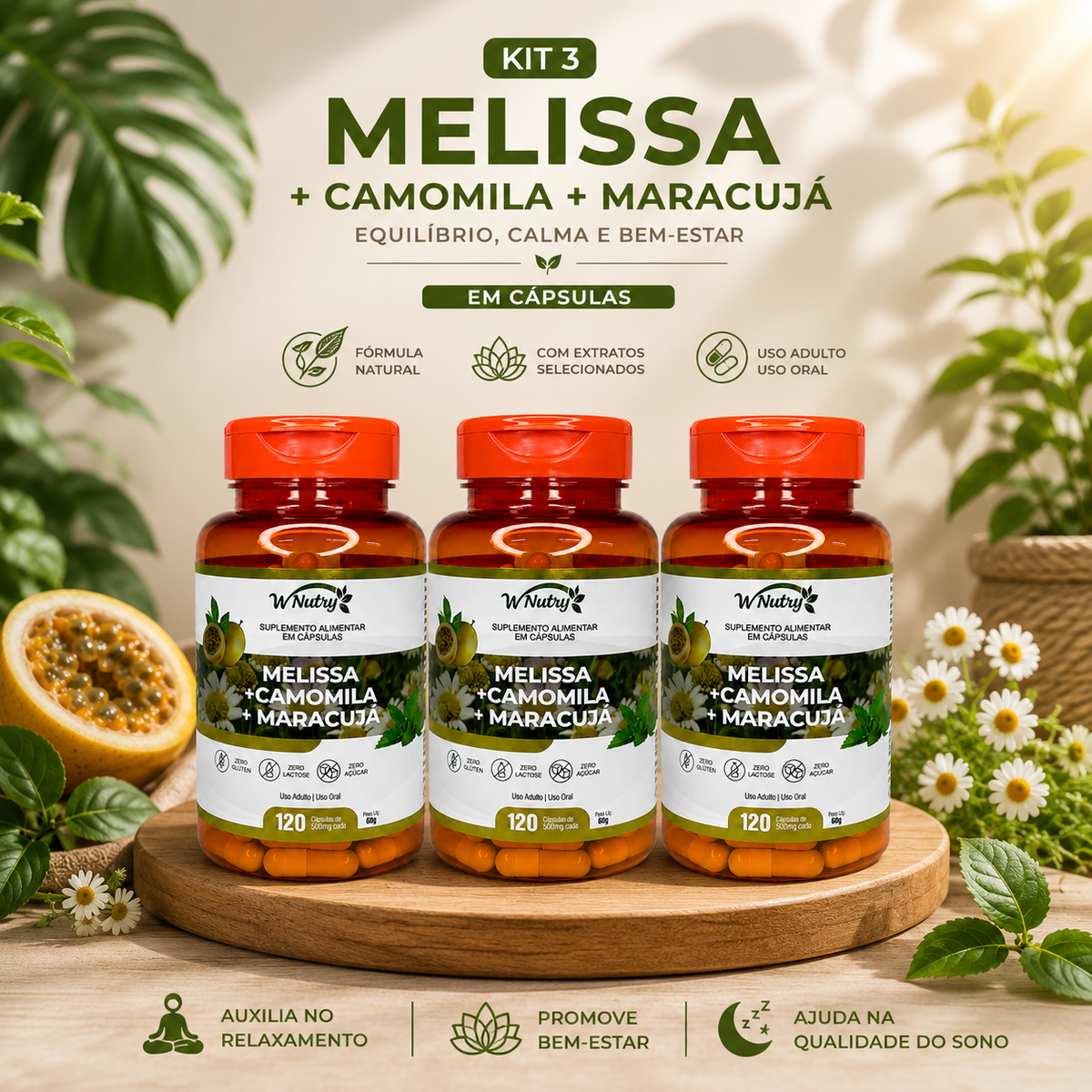 3 Suplementos Melissa Camomila Maracujá Relaxamento Natural