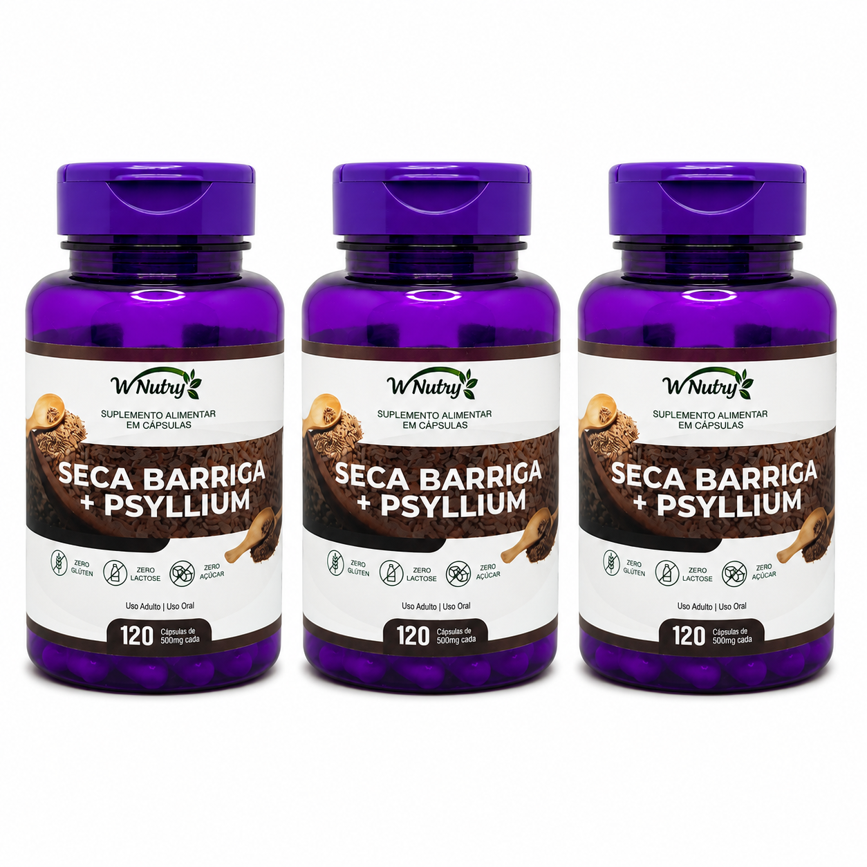 Kit de 3 Suplementos Seca Barriga + Psyllium Alta Potência 120 Caps