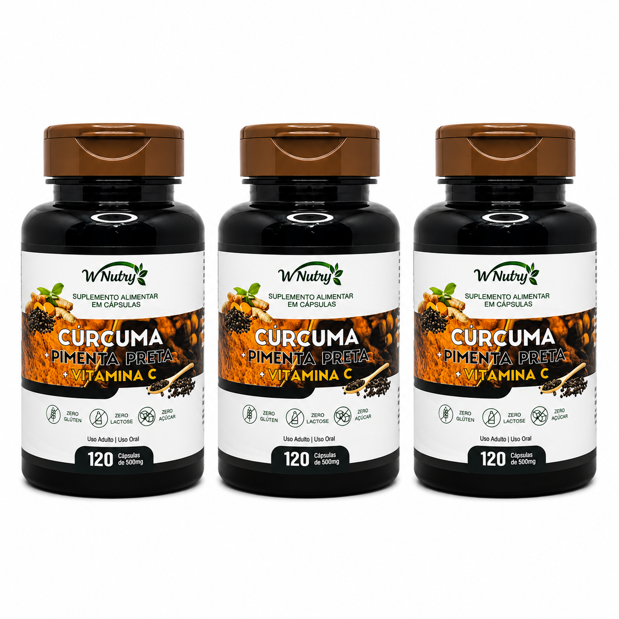 3 Suplementos Cúrcuma + Pimenta Preta + Vitamina C 3x120 Caps