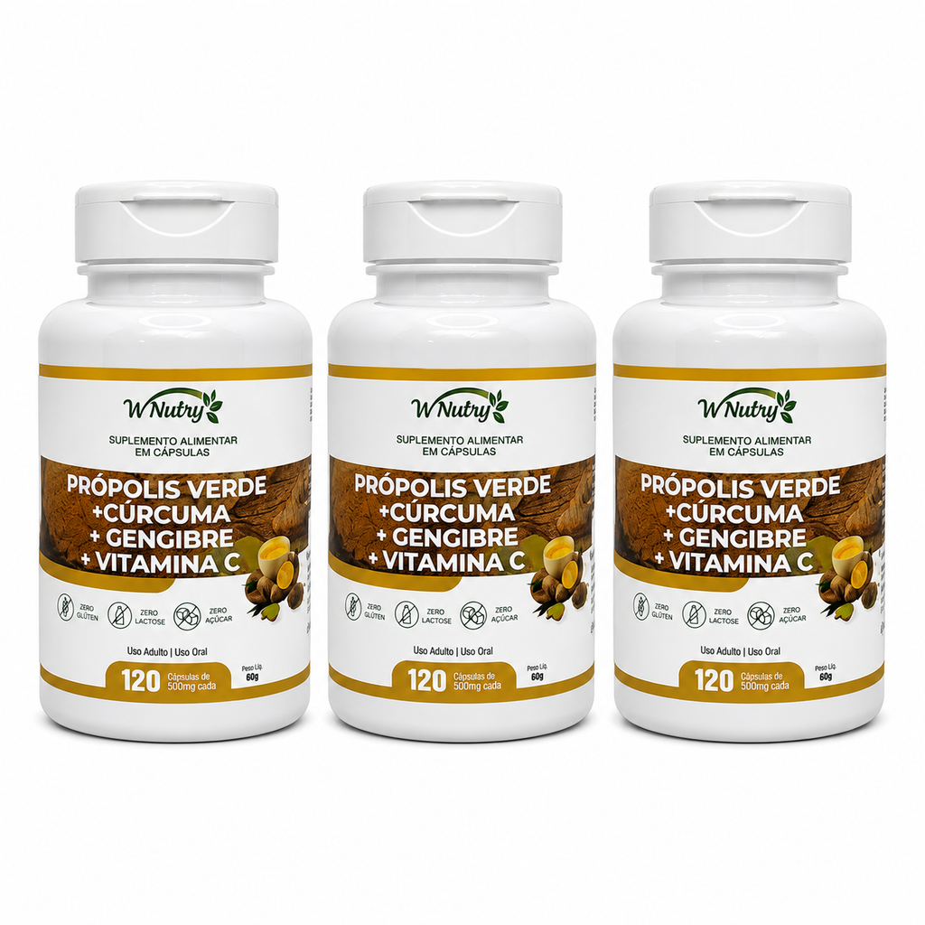 Kit De 3 Suplementos Própolis Verde Cúrcuma Gengibre Vitamina C 120 Caps