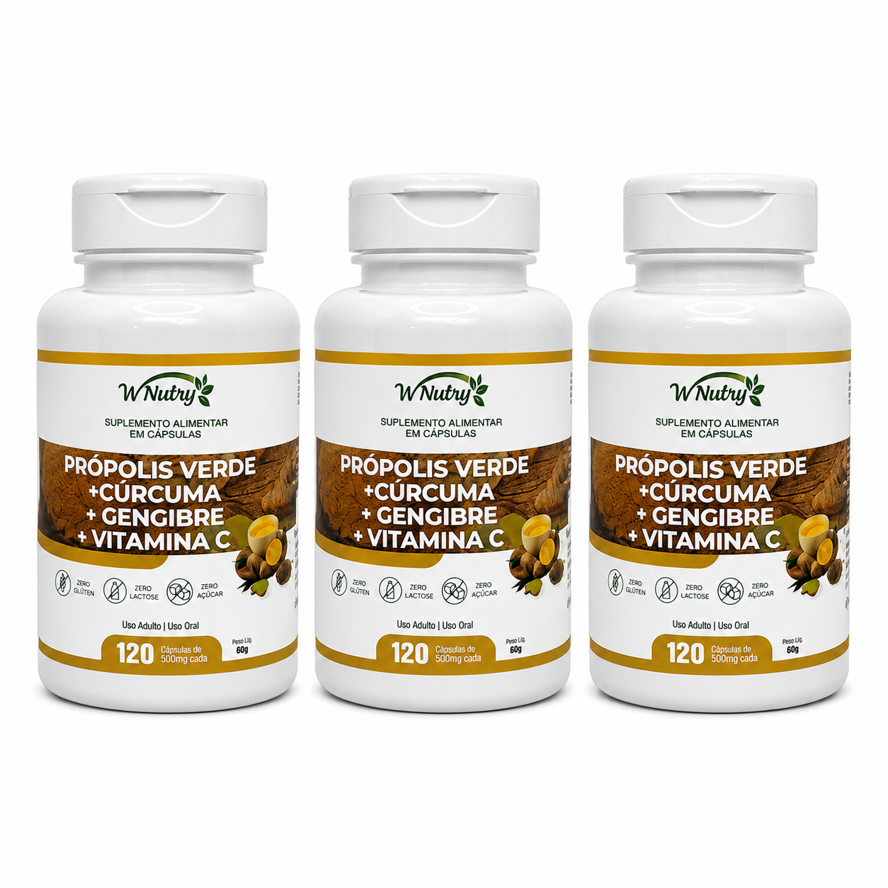 Kit De 3 Suplementos Própolis Verde Cúrcuma Gengibre Vitamina C 120 Caps