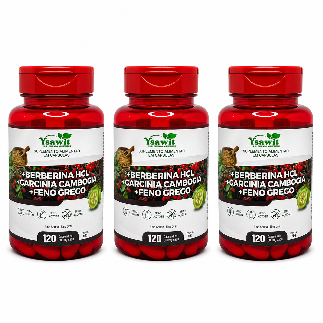 3 Suplementos Berberina HLC + Garcinia Cambogia E Feno Grego