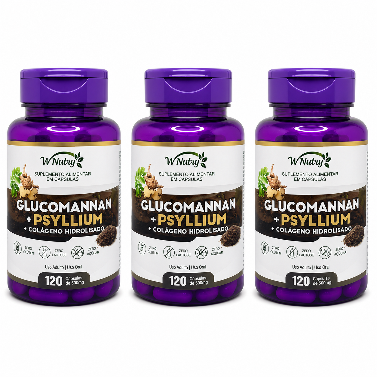 3 Suplementos Glucomannan + Psyllium + Colágeno Hidrolisado 120 Caps