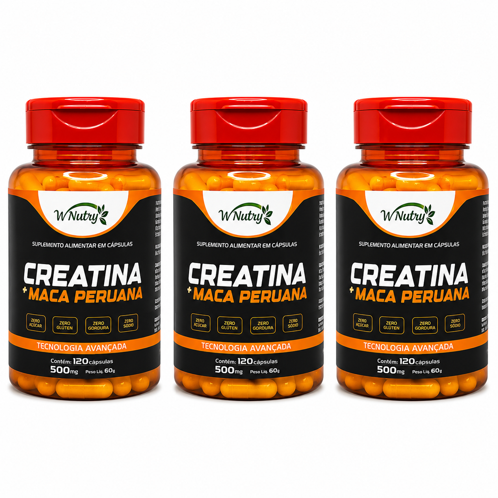 3 Suplementos Creatina + Maca Peruana Força Energia