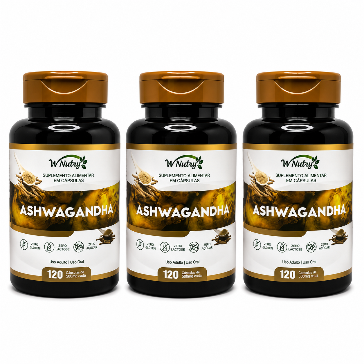 Kit Com 3 Suplementos Ashwagandha Alta Potência 3x120 Caps