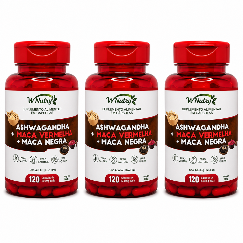 Kit 3 Suplementos Ashwagandha + Maca Negra E Vermelha Mais Energia