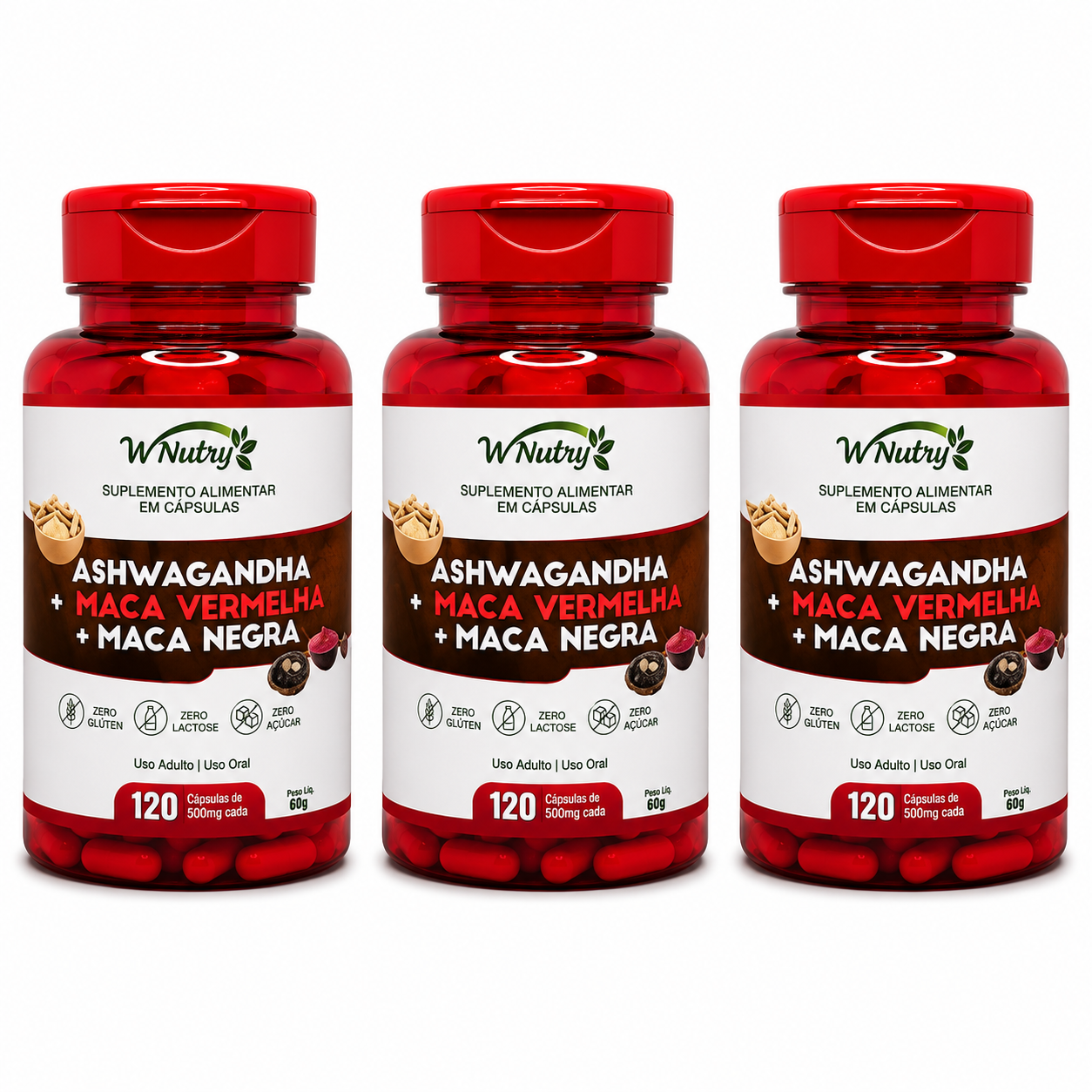 Kit 3 Suplementos Ashwagandha + Maca Negra E Vermelha Mais Energia