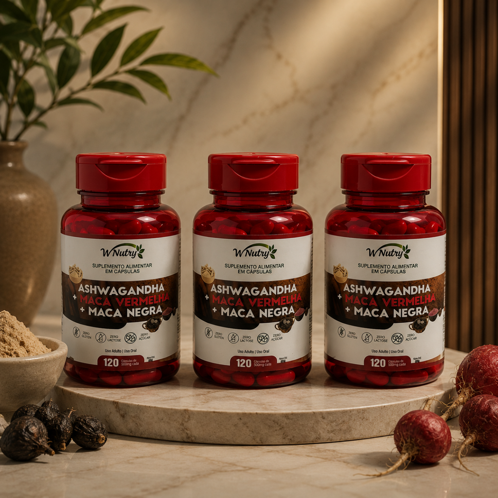 Kit 3 Suplementos Ashwagandha + Maca Negra E Vermelha Mais Energia