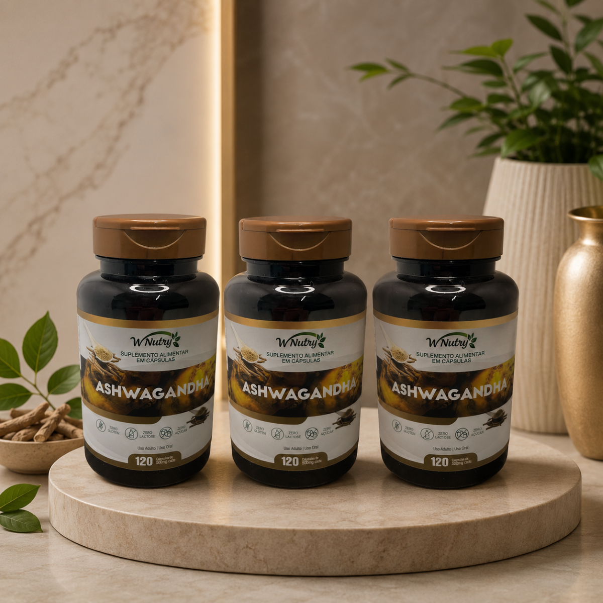 Kit Com 3 Suplementos Ashwagandha Alta Potência 3x120 Caps
