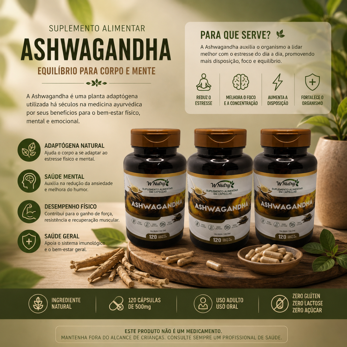 Kit Com 3 Suplementos Ashwagandha Alta Potência 3x120 Caps